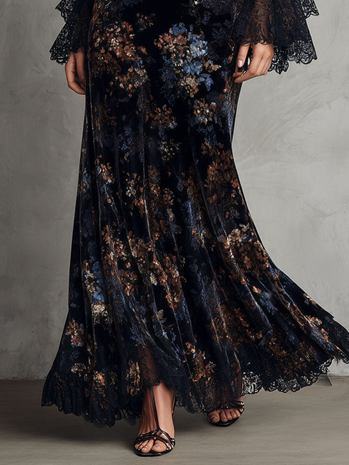 Evening Flow Velvet Dress with Floral Accents and Lace Bell Sleeves