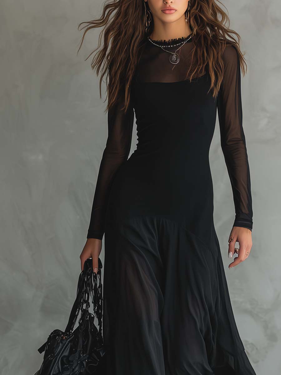 Vintage-Inspired Maxi Dress Featuring Sheer Sleeves