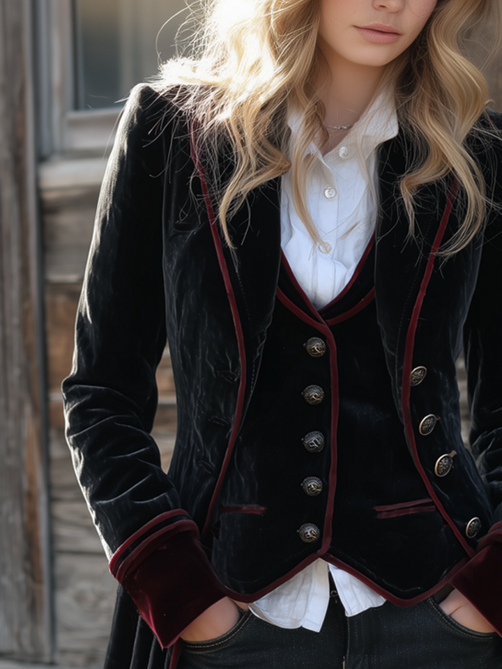 Retro Long Velvet Jacket with Contrasting Accents