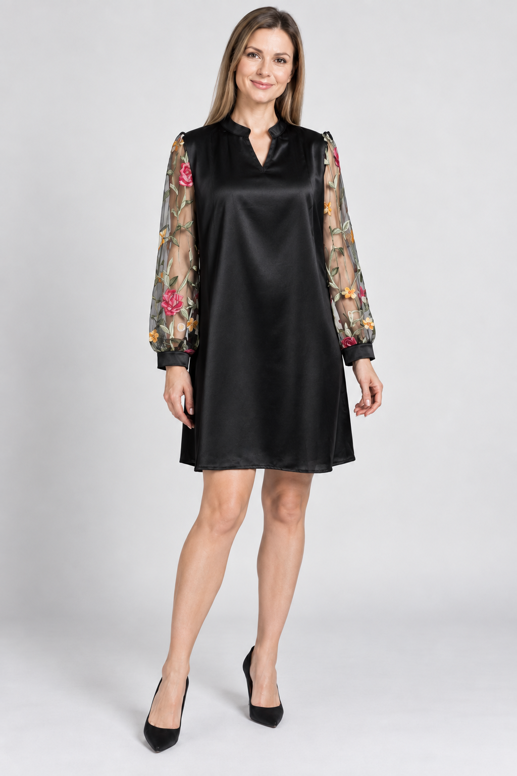 Božena | Black Midi Dress Featuring Floral Sleeves