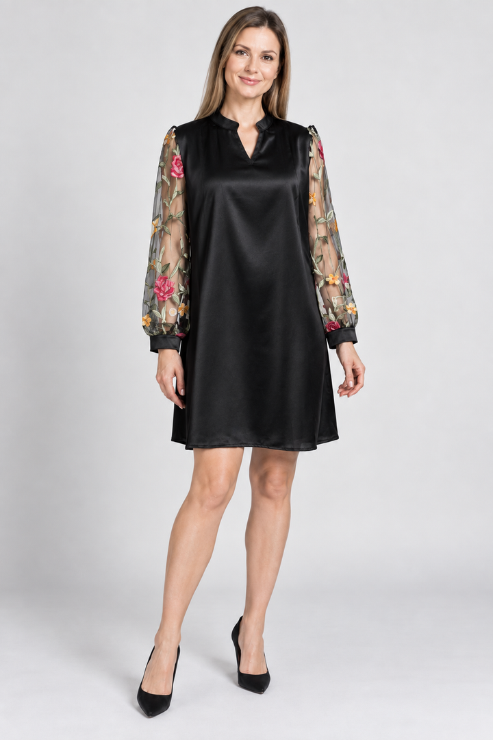 Božena | Black Midi Dress Featuring Floral Sleeves