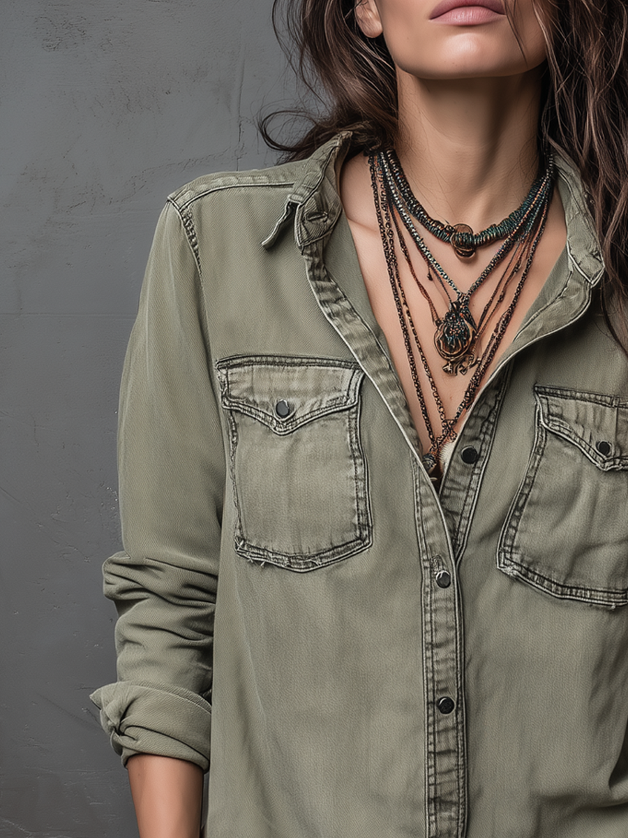 Retro Long Sleeve Blouse with Pockets and Distressed Finish