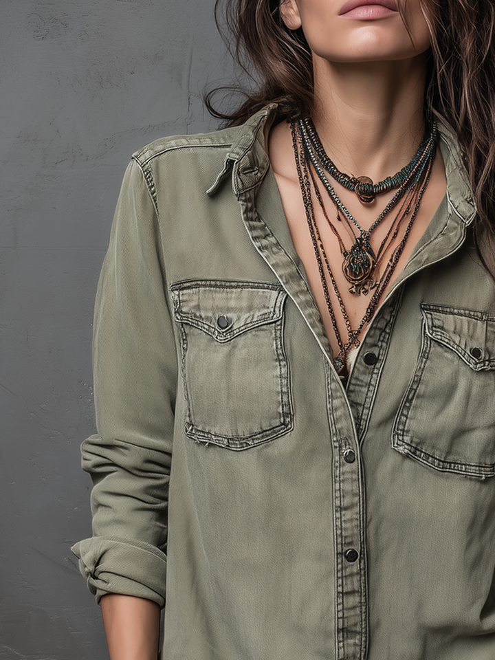 Retro Long Sleeve Blouse with Pockets and Distressed Finish