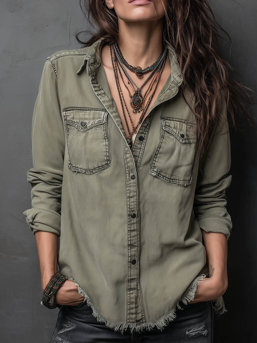 Retro Long Sleeve Blouse with Pockets and Distressed Finish