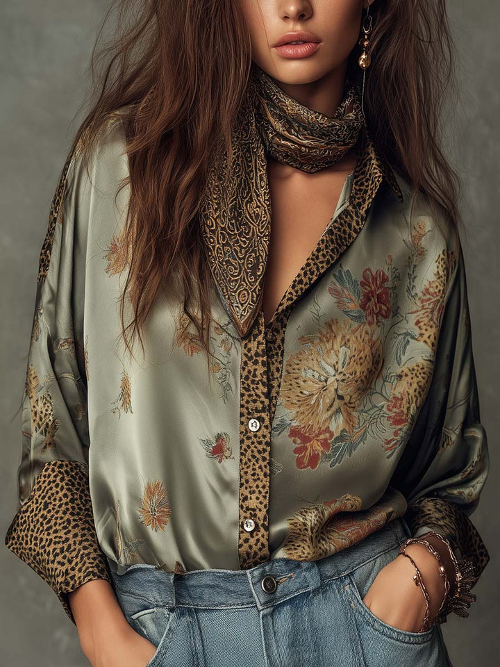 Floral Satin Blouse with Leopard Print Trim