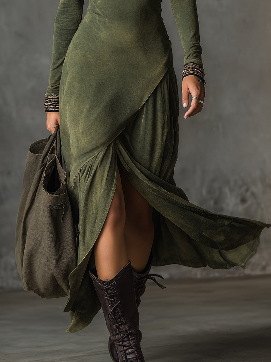 Bohemian Cotton Midi Dress with Low Zip and Side Split