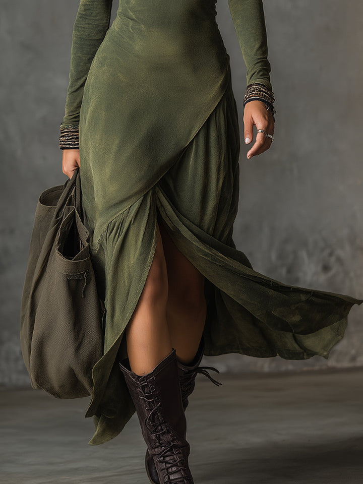 Bohemian Cotton Midi Dress with Low Zip and Side Split