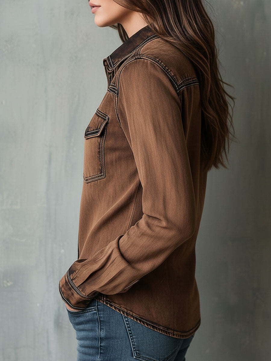 Retro Brown Jacket with Contrasting Stitch Details