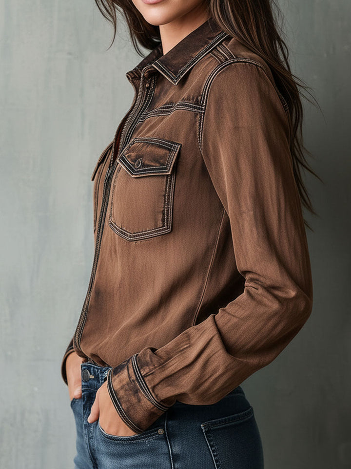 Retro Brown Zip Jacket with Contrast Stitch Details