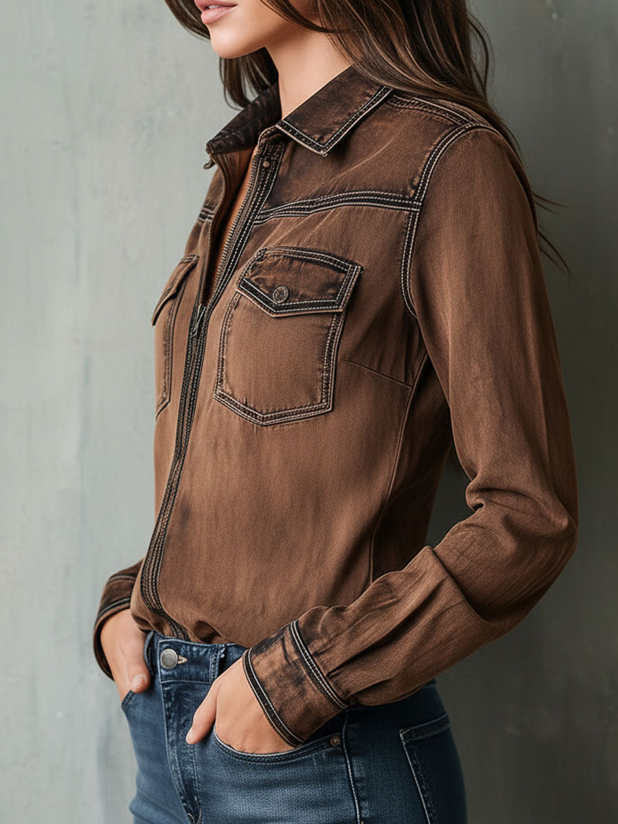 Retro Brown Zip Jacket with Contrast Stitch Details