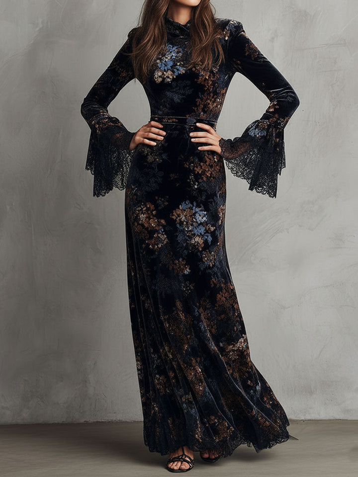 Evening Flow Velvet Dress with Floral Accents and Lace Bell Sleeves