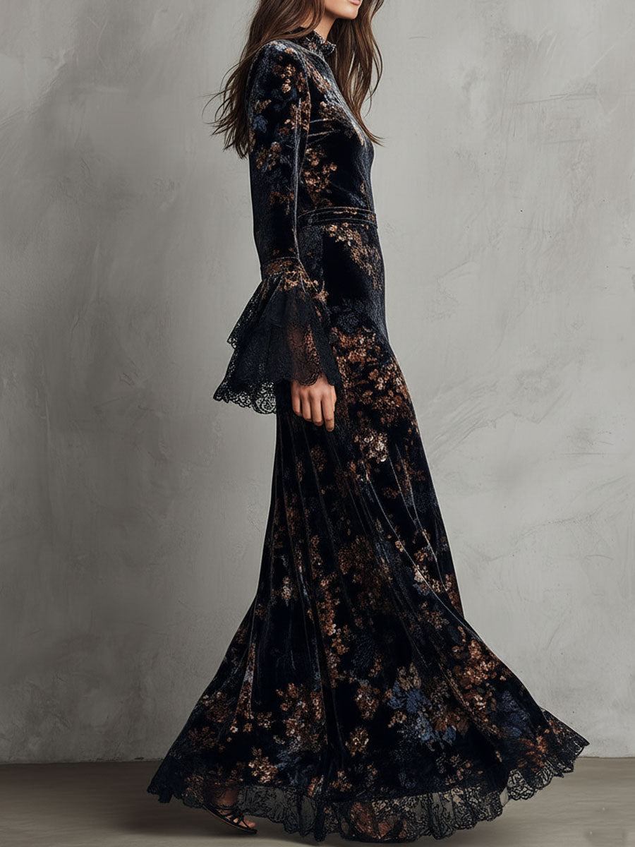Evening Flow Velvet Dress with Floral Accents and Lace Bell Sleeves