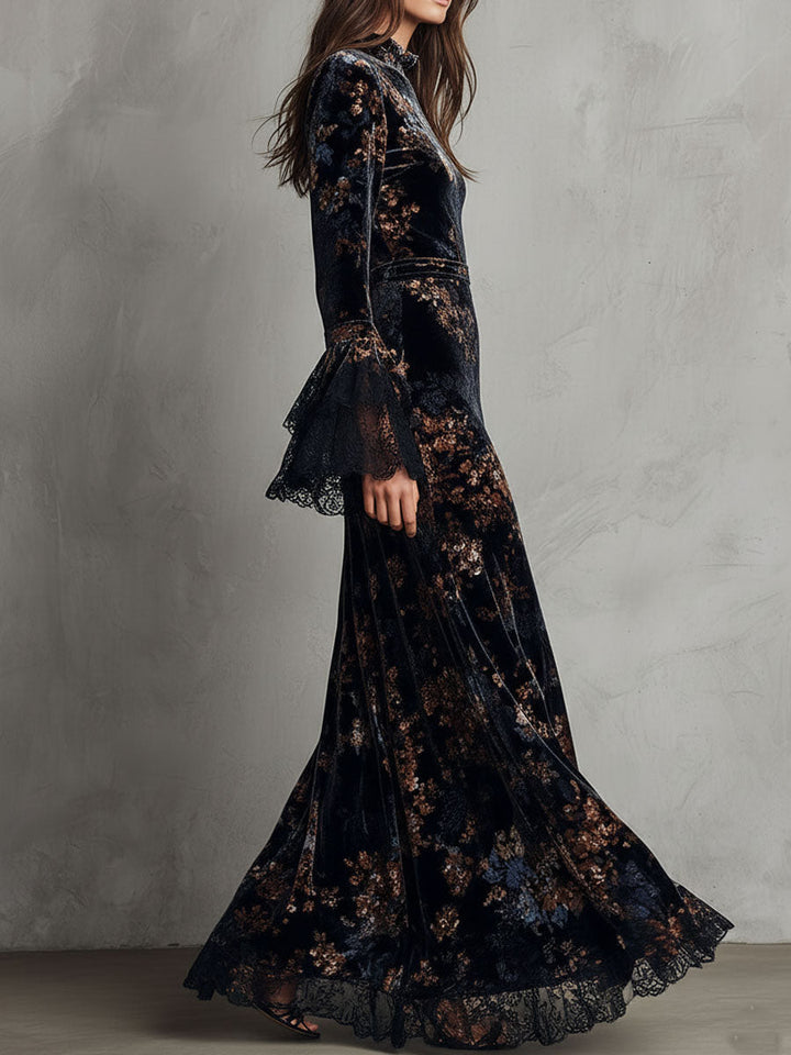 Evening Flow Velvet Dress with Floral Accents and Lace Bell Sleeves