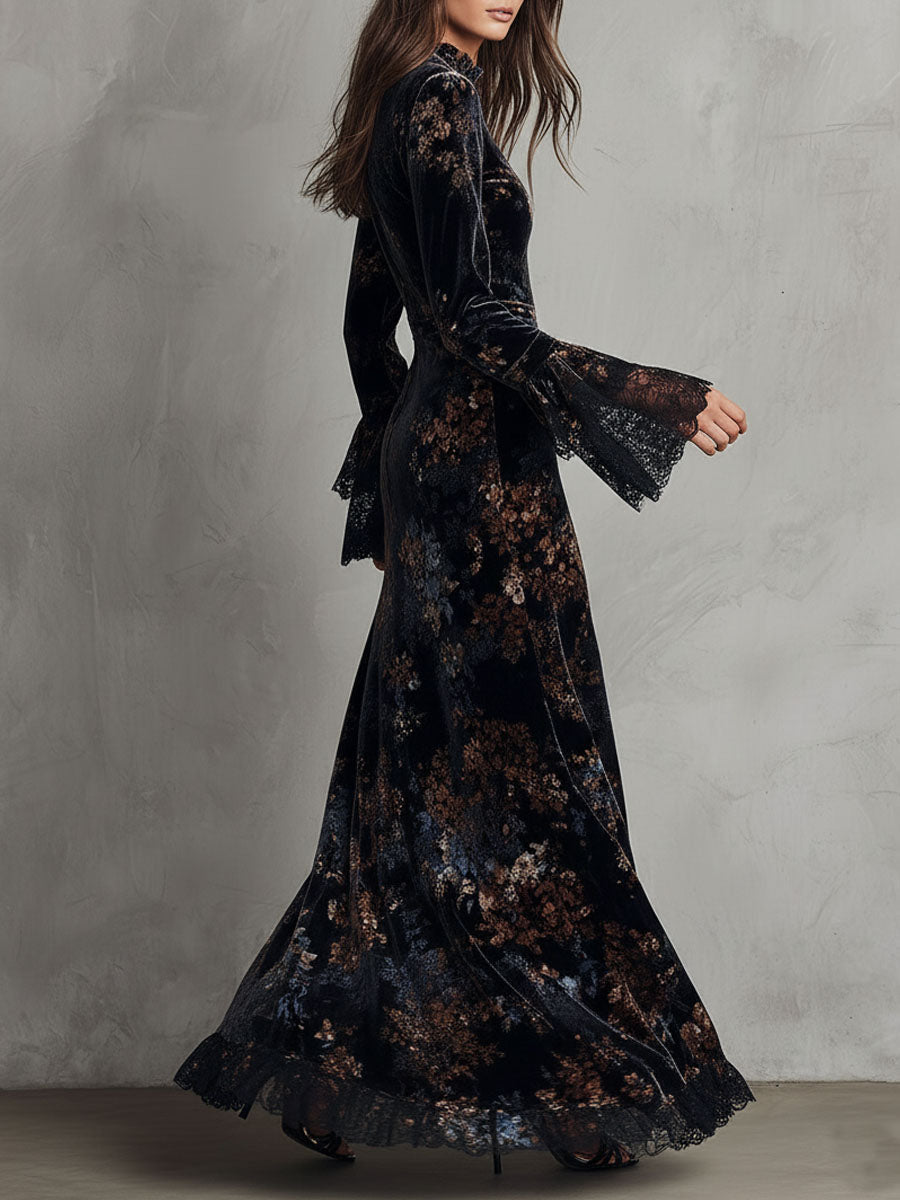 Evening Flow Velvet Dress with Floral Accents and Lace Bell Sleeves