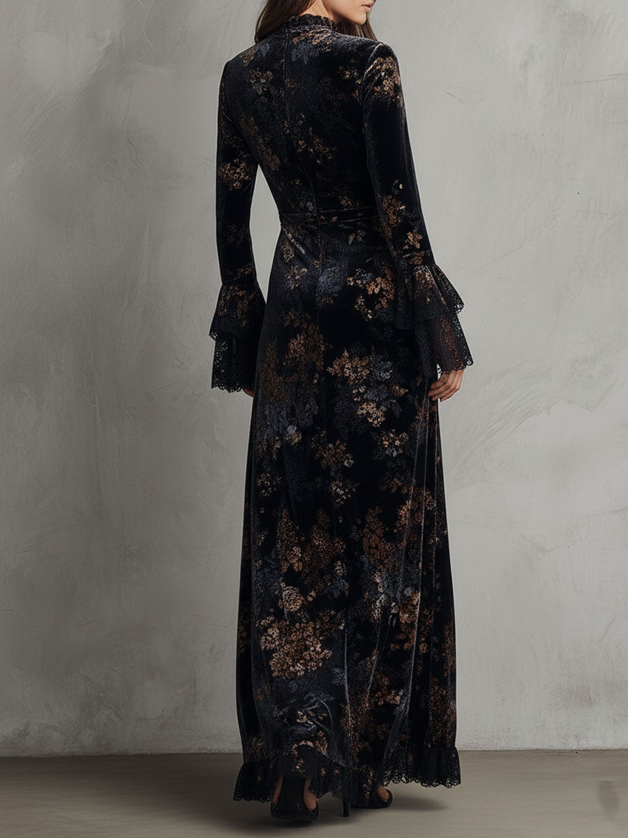Evening Flow Velvet Dress with Floral Accents and Lace Bell Sleeves
