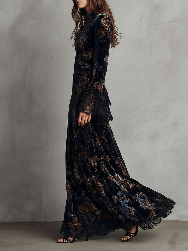 Evening Flow Velvet Dress with Floral Accents and Lace Bell Sleeves
