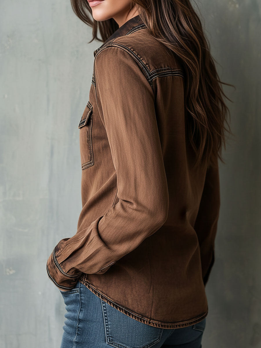 Retro Brown Zip Jacket with Contrast Stitch Details