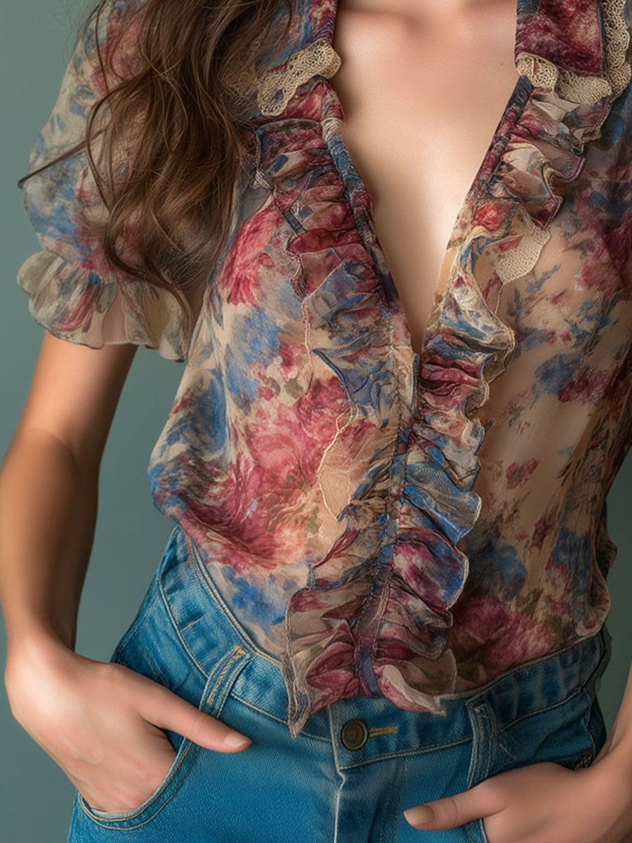 Retro Sheer Floral Blouse Featuring Stripes and Puff Sleeves