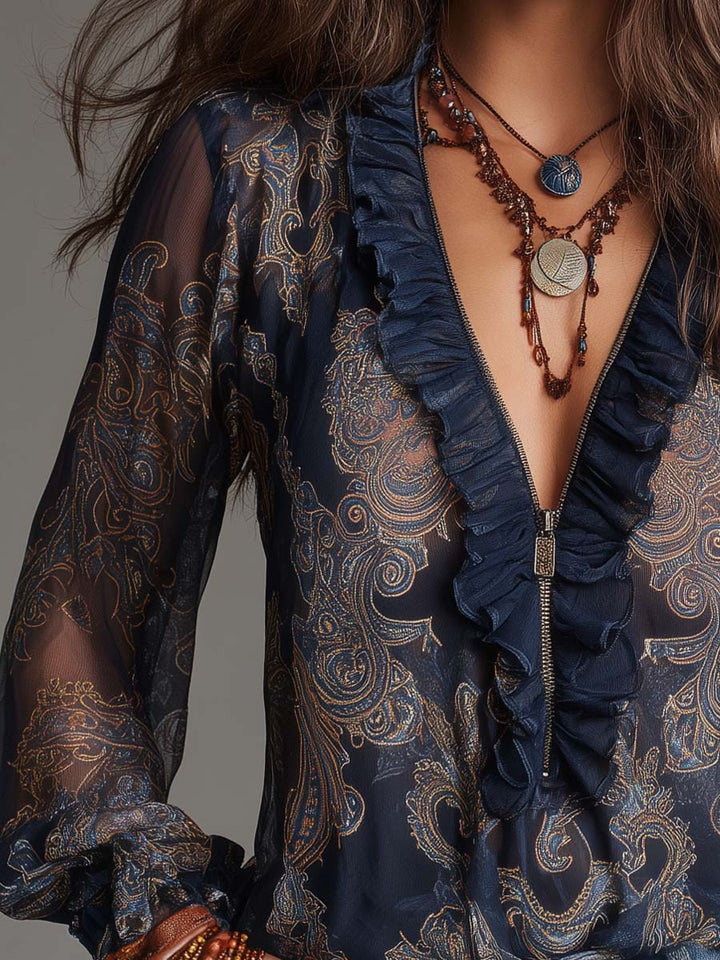 Paisley-Printed Nautical Baroque Chiffon Zip Blouse