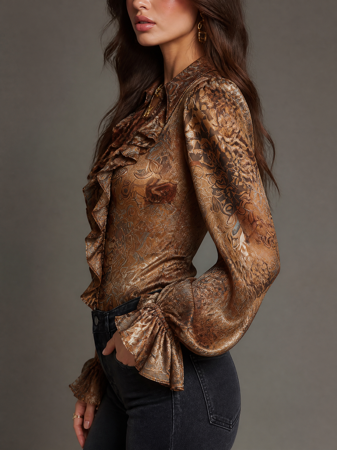 Vintage-Inspired Satin V-Neck Top with Ruffled Paisley Design