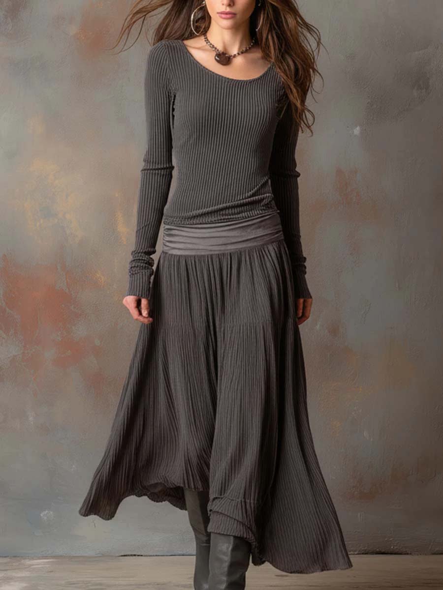 Charcoal Grey Vintage Ribbed Knit Long Dress