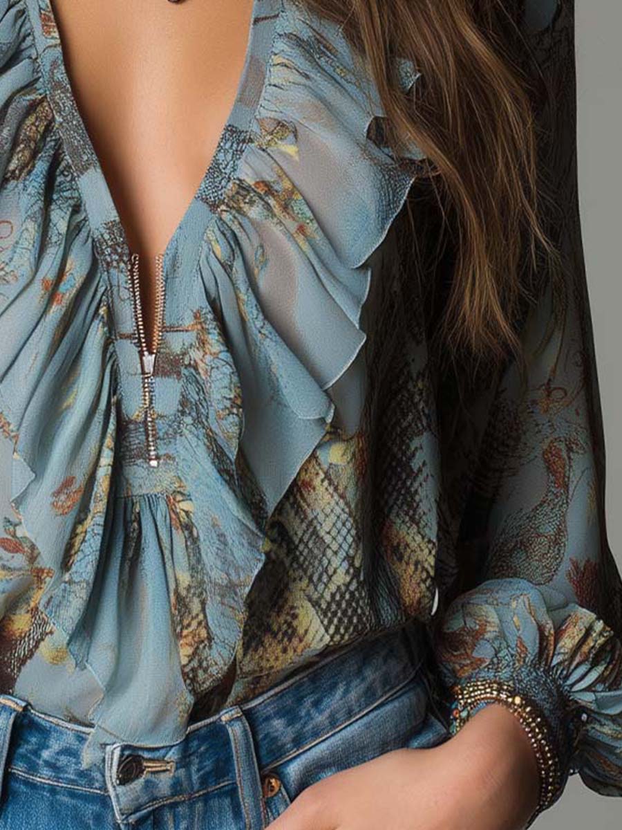 Blue Mist Chiffon Blouse with Zip and Snake Flower Print