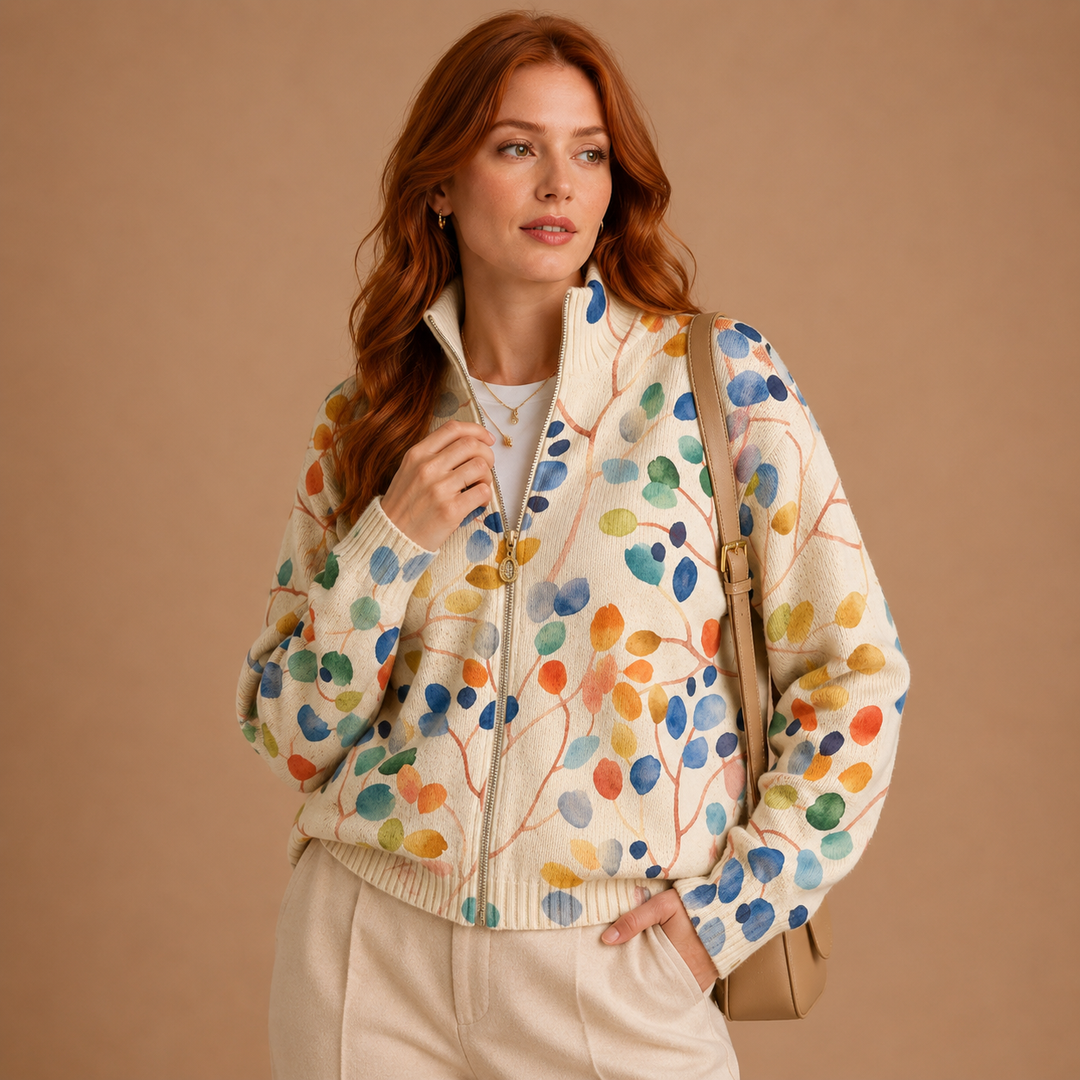 Anja | Cardigan with Multicoloured Leaf Design