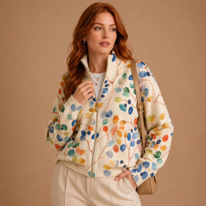 Anja | Cardigan with Multicoloured Leaf Design