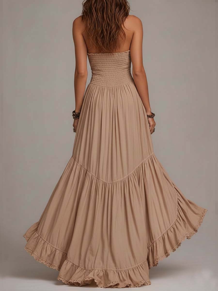 Cotton Long Bohemian Maxi Dress with Neck Tie