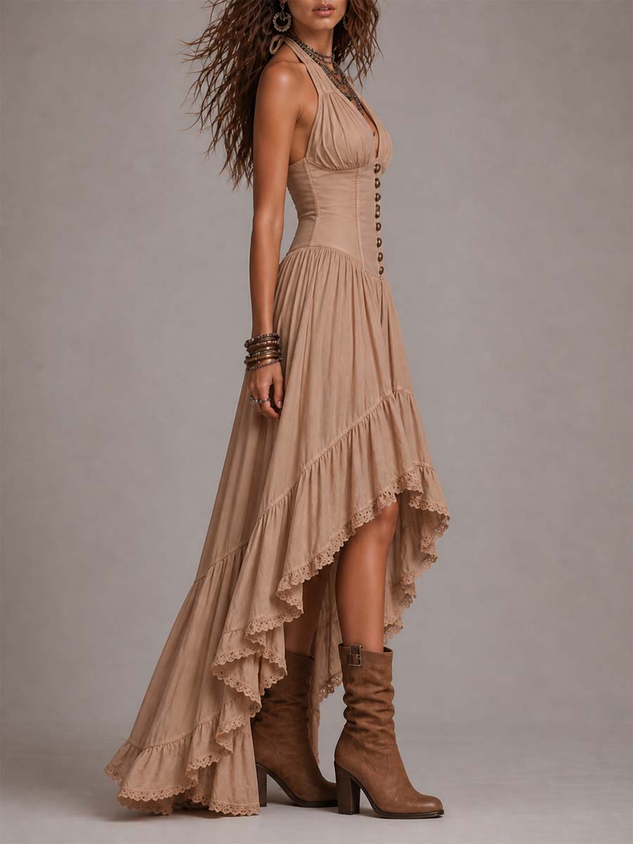 Cotton Long Bohemian Maxi Dress with Neck Tie