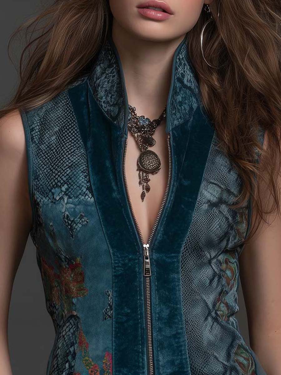 Front Zip Dark Turquoise Velvet Gilet