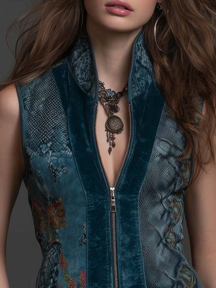 Front Zip Dark Turquoise Velvet Gilet