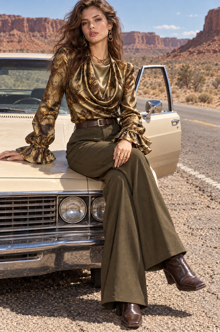 Vintage-Inspired Satin Cowl Neck Top with Ruffled Sleeves and Butterfly Print