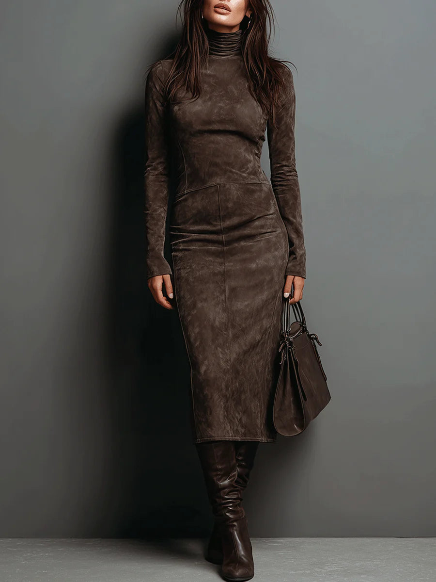 Augusta | Brown Midi Dress Featuring Stand Collar and Long Sleeves
