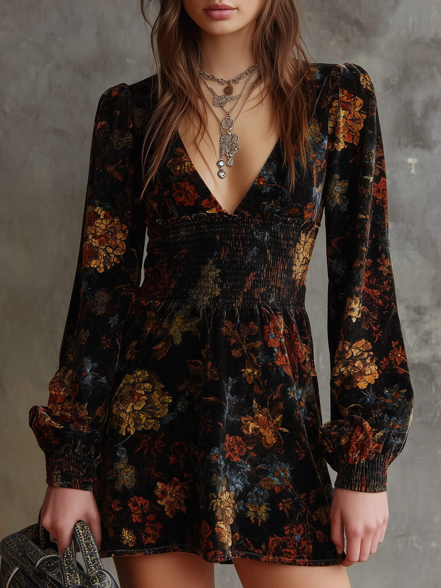 Vintage-Inspired Velvet Mini Dress with Pleated Waist and Floral Design