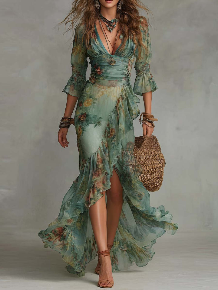Vintage-Inspired Floral Long Wrap Dress