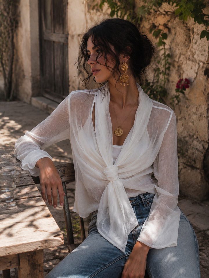 Sheer Pleated Satin Blouse with Front Tie and Long Sleeves