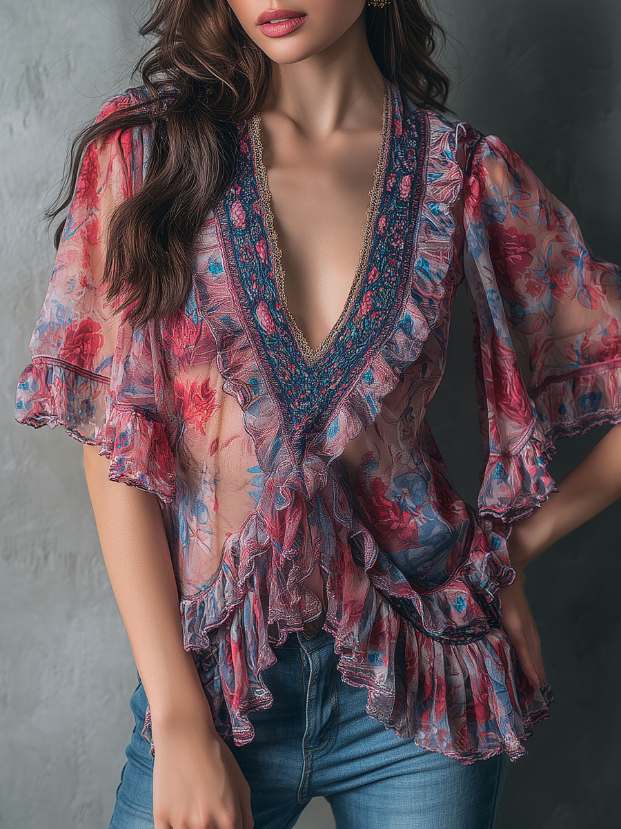 Bohemian V-Neck Blouse with Sheer Floral Details