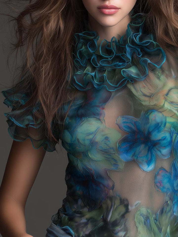 Retro Boho Sheer Floral Ruffle Mesh Top