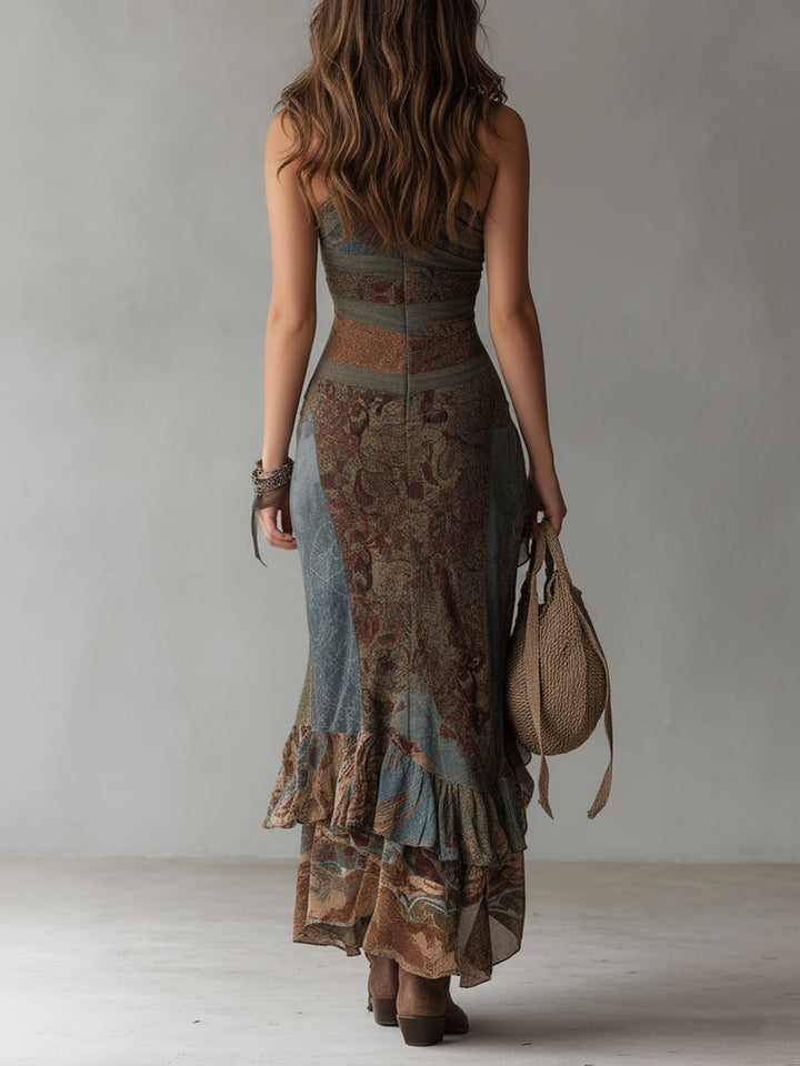 One-Shoulder Retro Ethnic Maxi Dress with High Slit
