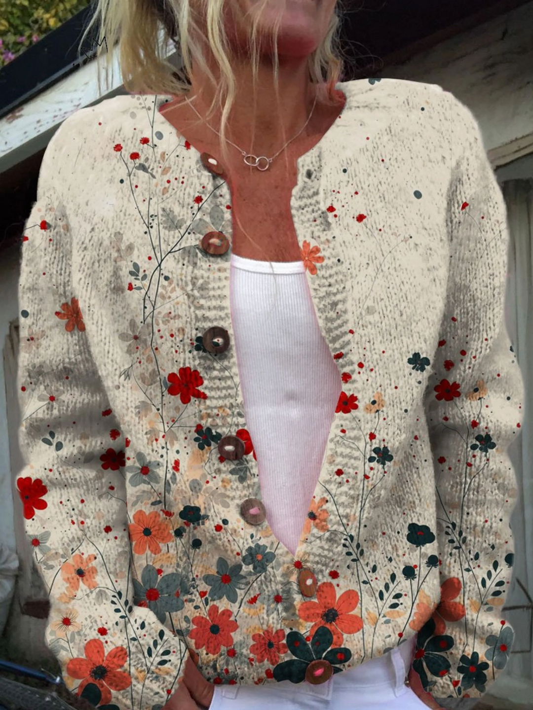 Vintage Cardigan with Floral Artistic Design and Buttons