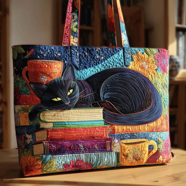 Handmade Bag | Black Cat with Books and Mugs