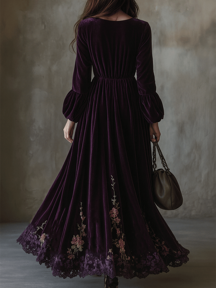 Velvet Maxi Dress Adorned with Embroidered Floral Designs