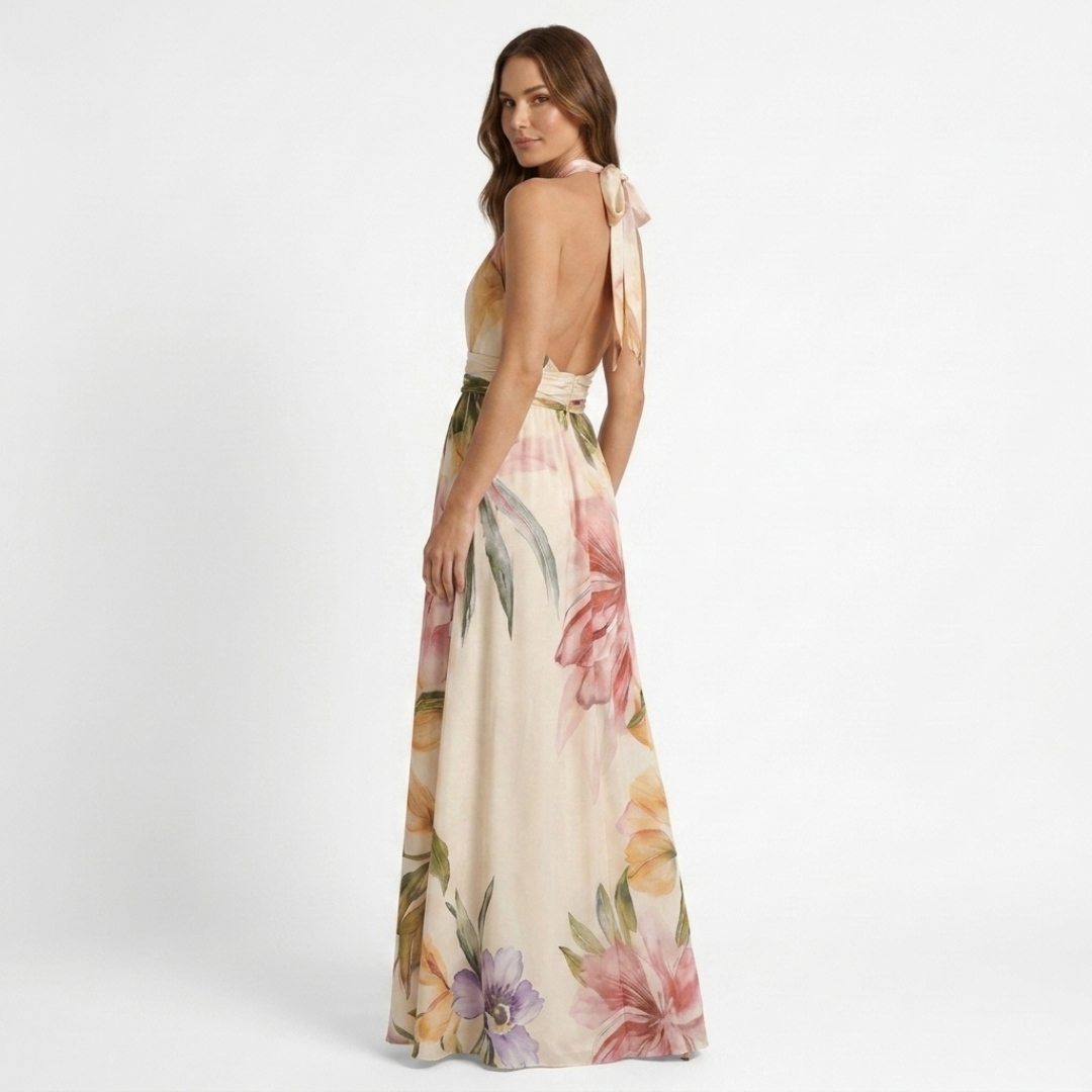 Astreia - Long dress with floral neckline and straps