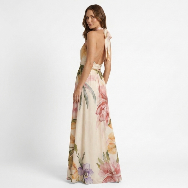 Astreia - Long dress with floral neckline and straps