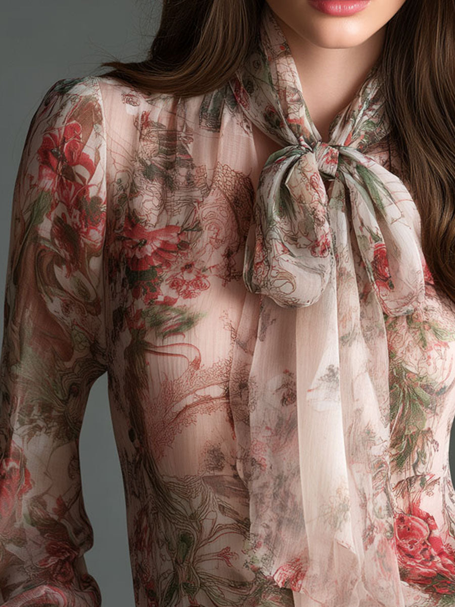Vintage-Inspired Satin Blouse with Floral Design and Bow Detail