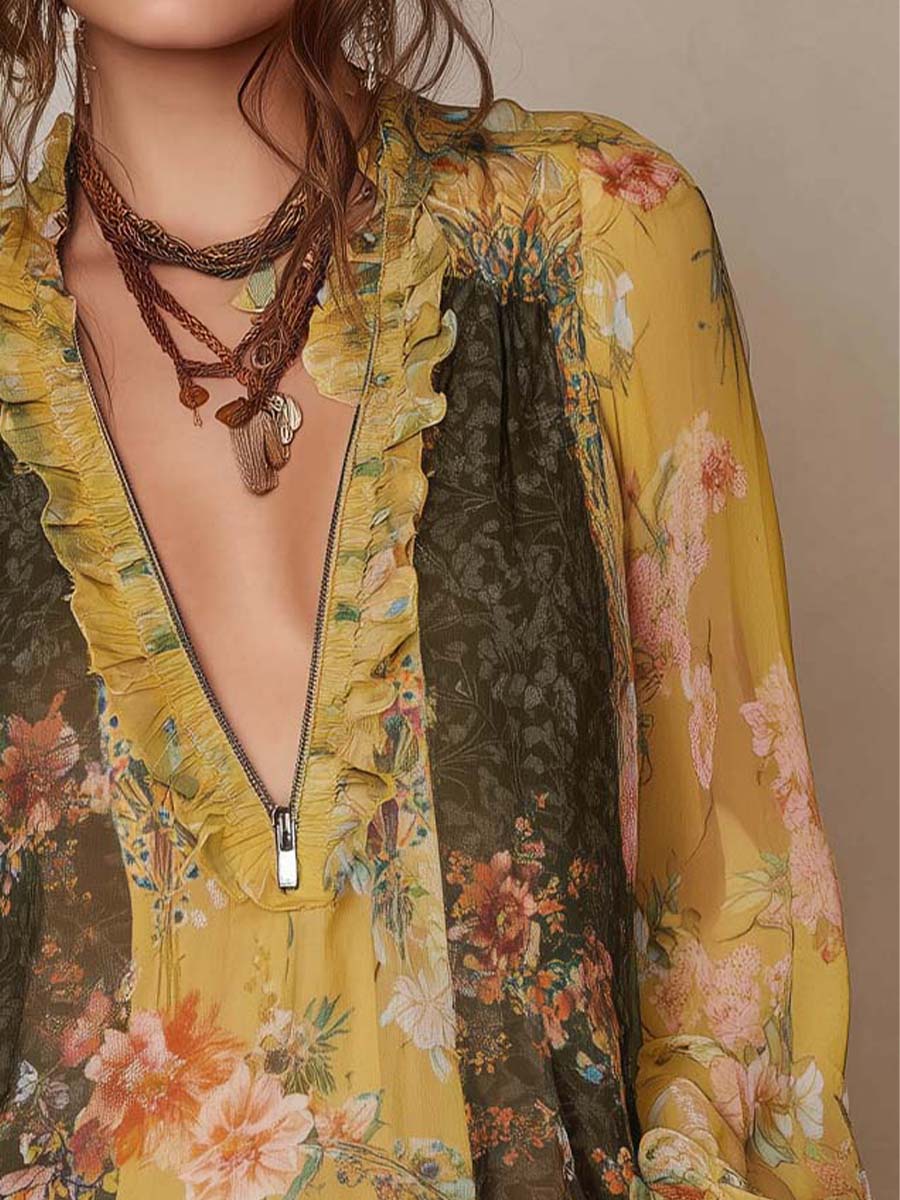 Striped Floral Satin Blouse with Zipper Detail