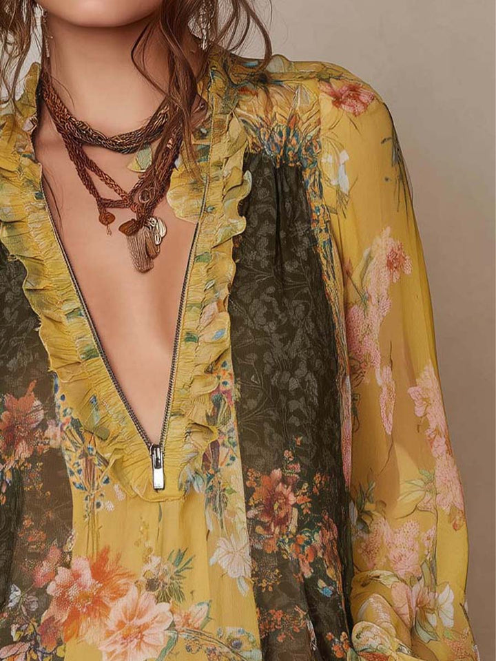 Striped Floral Satin Blouse with Zipper Detail