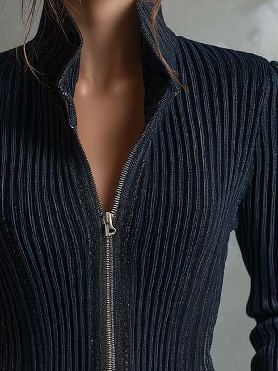 Embroidered Ribbed Jacket with Metallic Finish