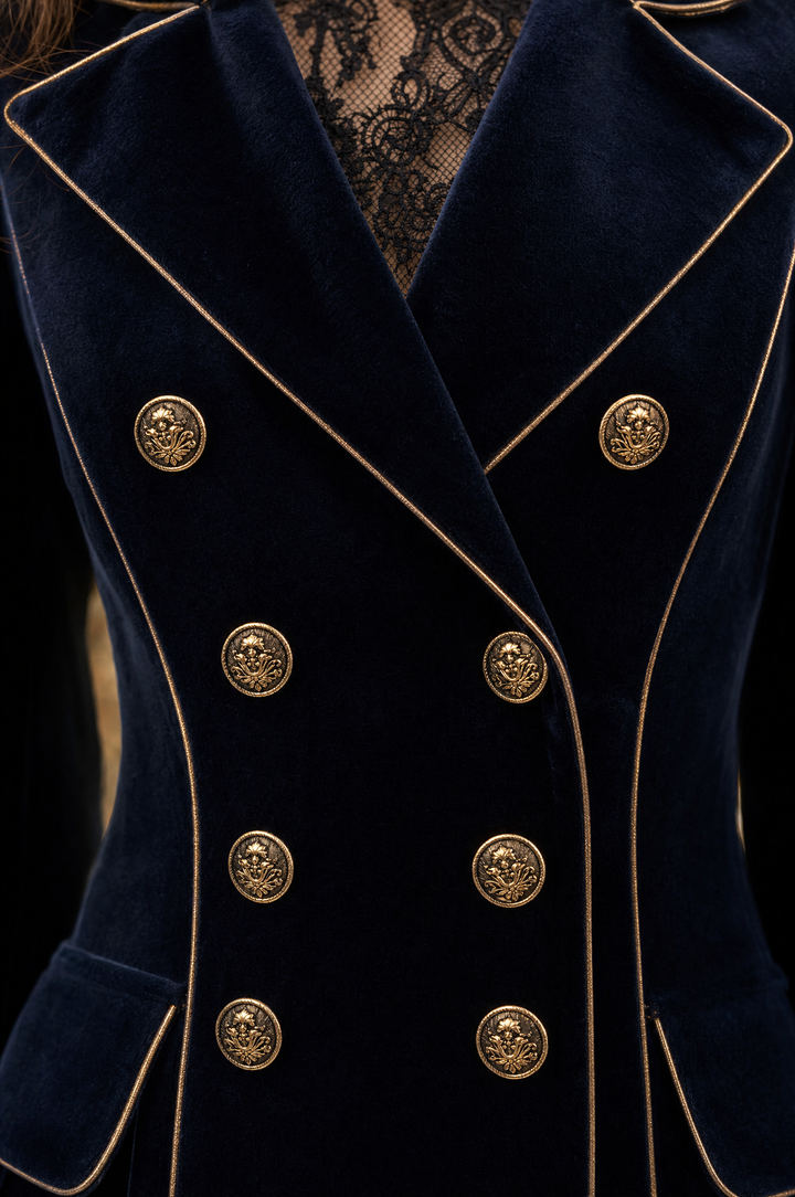 Navy Long Coat with Velvet Sleeves and Double Embroidery, Featuring Elegant Gold Accents
